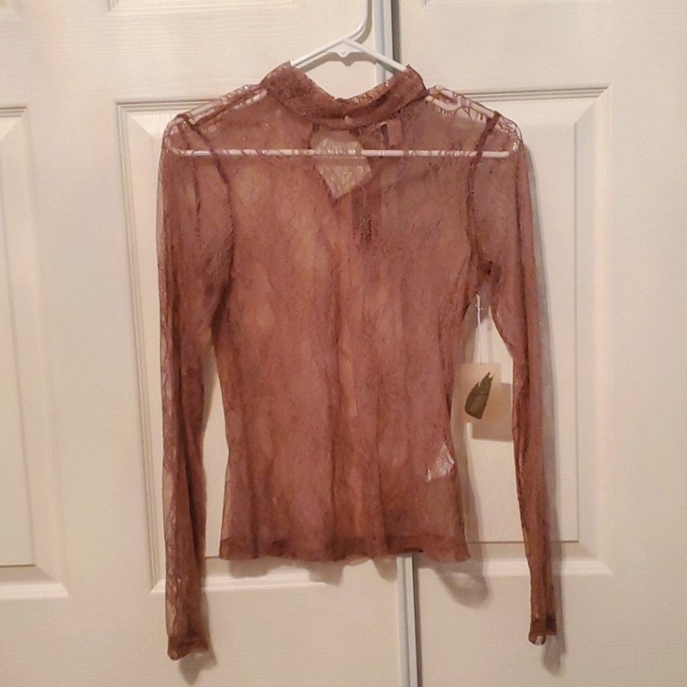 Mauve mockneck sheer lace top